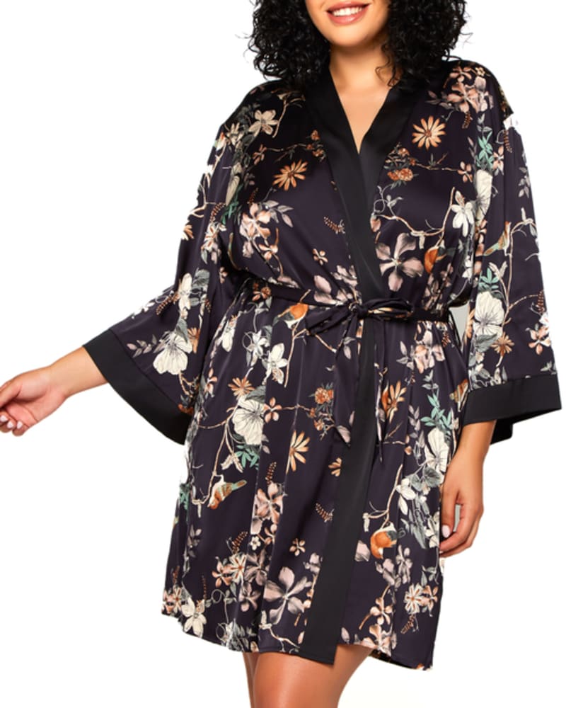 Front of a model wearing a size 1X Vilma Satin Floral Print Robe in BLAC by iCollection. | dia_product_style_image_id:254059